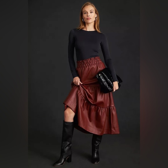 Anthropologie The Somerset Tiered Maxi Skirt: Faux Leather Edition Wine Bordeaux - Picture 1 of 11